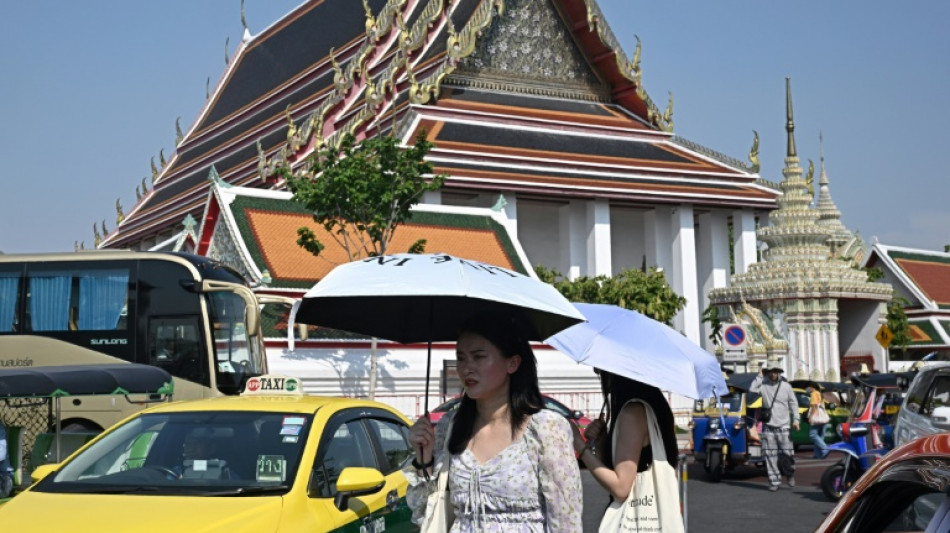 Des villageois thaïlandais défilent avec un chat de dessin animé pour faire venir la pluie